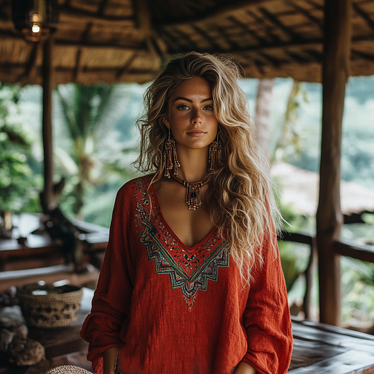 Retro Boho Tribal Art Embroidery Print Cotton And Linen V-neck Loose Shirt artswardrobe