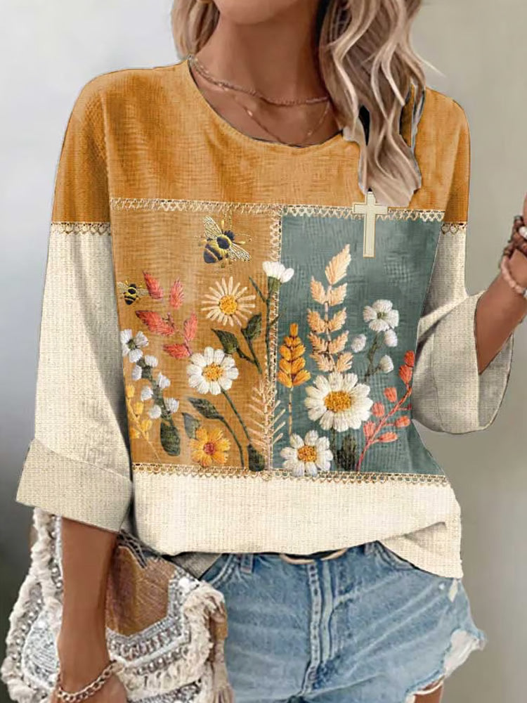 Women's Cute Bee Floral Cross Faux Embroidery Print 3:4 Sleeve Top artswardrobe