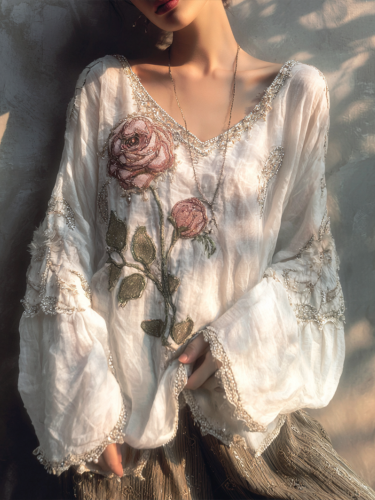 Comstylish Retro White Rose With Sparkle Women's V-neck Top