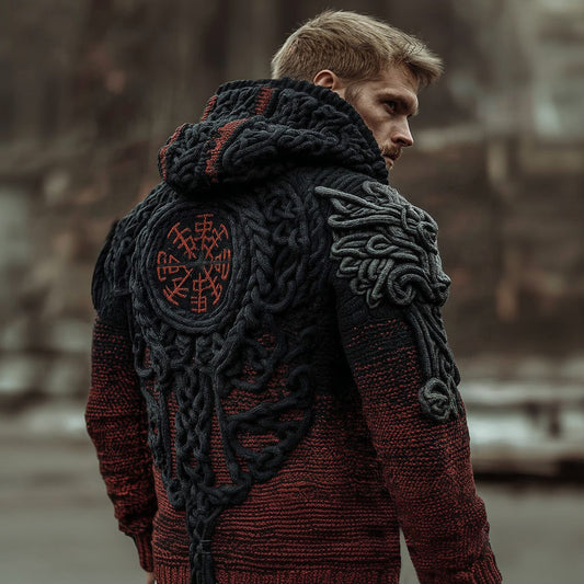 Men's Vegvisir Viking Runes Gradient Chunky Zipper Up Hooded Sweater elevenforest