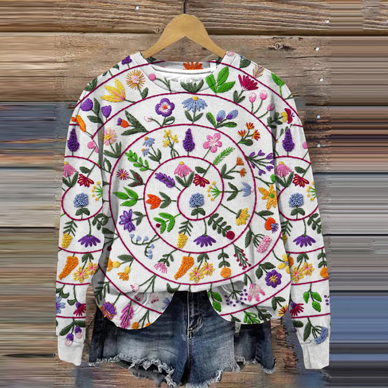 Embroidered Flower Art Print Crew Neck Sweatshirt artswardrobe