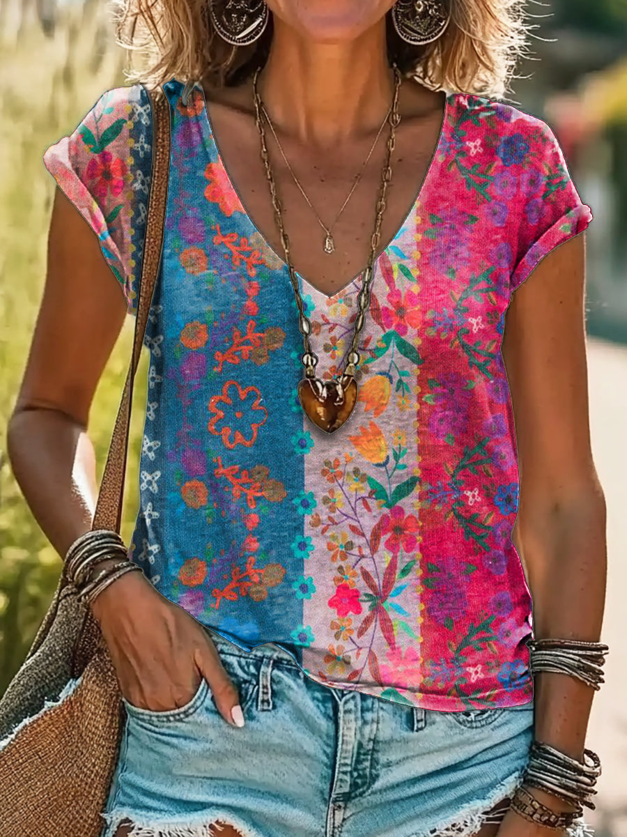 Women's Floral Patchwork Art Print 100% Cotton V-Neck T-Shirt