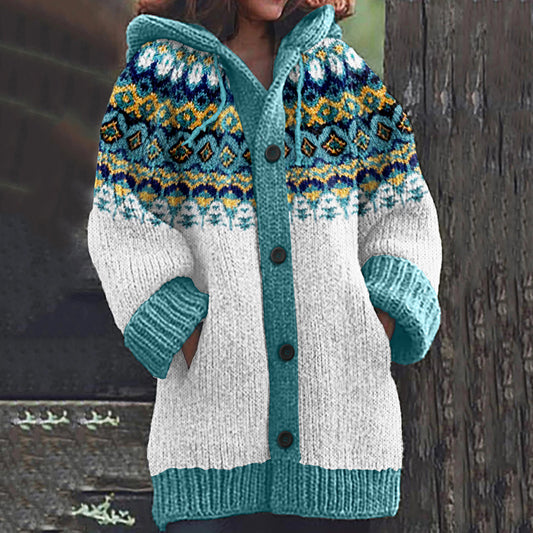 Retro Contrast Jacquard Color Block Button Cozy Sweater elevenforest