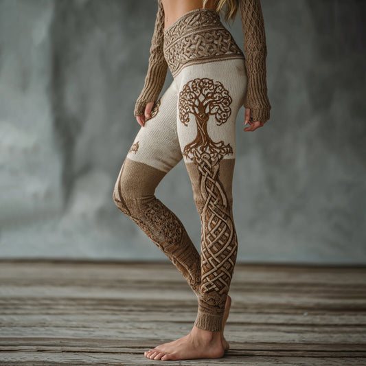 Vintage Viking Celtic Tree Of Life Pattern Art Knit Cozy Leggings artswardrobe