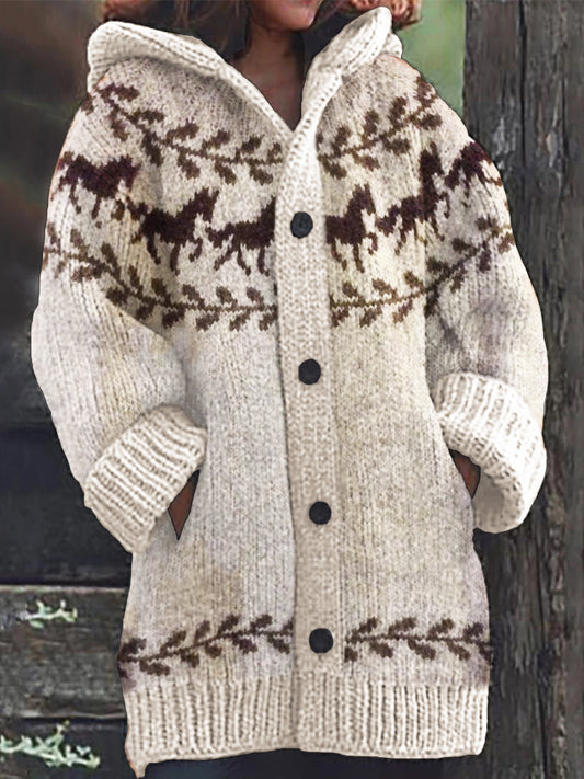 Vintage Running Horses Yoke Cozy Knit Hooded Cardigan artswardrobe