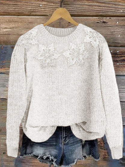 Classy Snowflakes Yoke Crochet Cozy Knit Sweater elevenforest