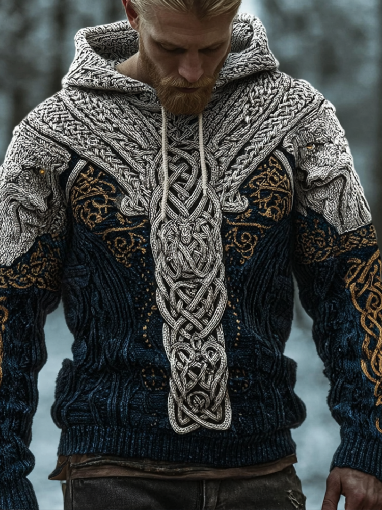 Men's Hooded Thick Sweater With Viking Style Tribal Totem And Wolf Totem Patterns elevenforest