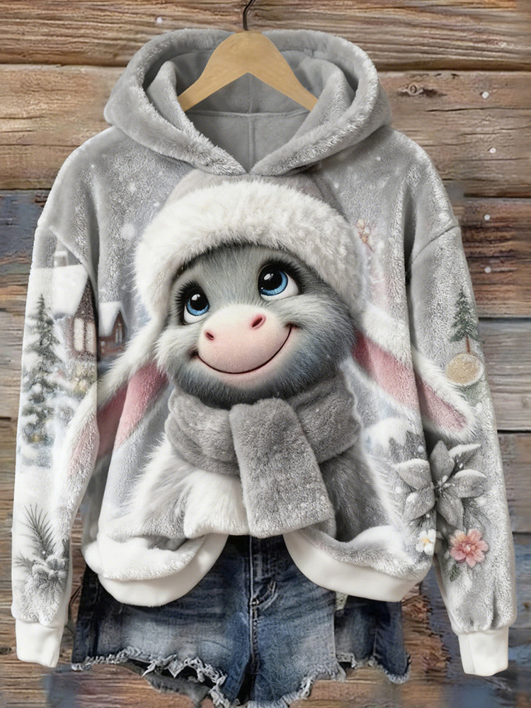 Winter Baby Donkey Art Pattern Cozy Plush Hoodie artswardrobe
