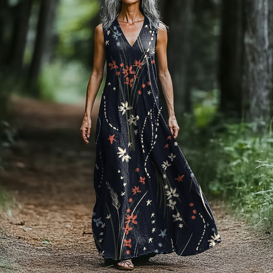 Women's Floral Ethnic Art Pattern Print V-neck Sleeveless Pocket Cotto