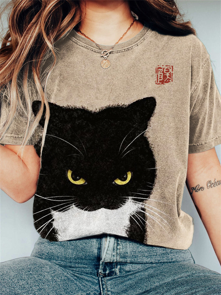 Fuzzy Bicolor Cat Japanese Art Washed T Shirt