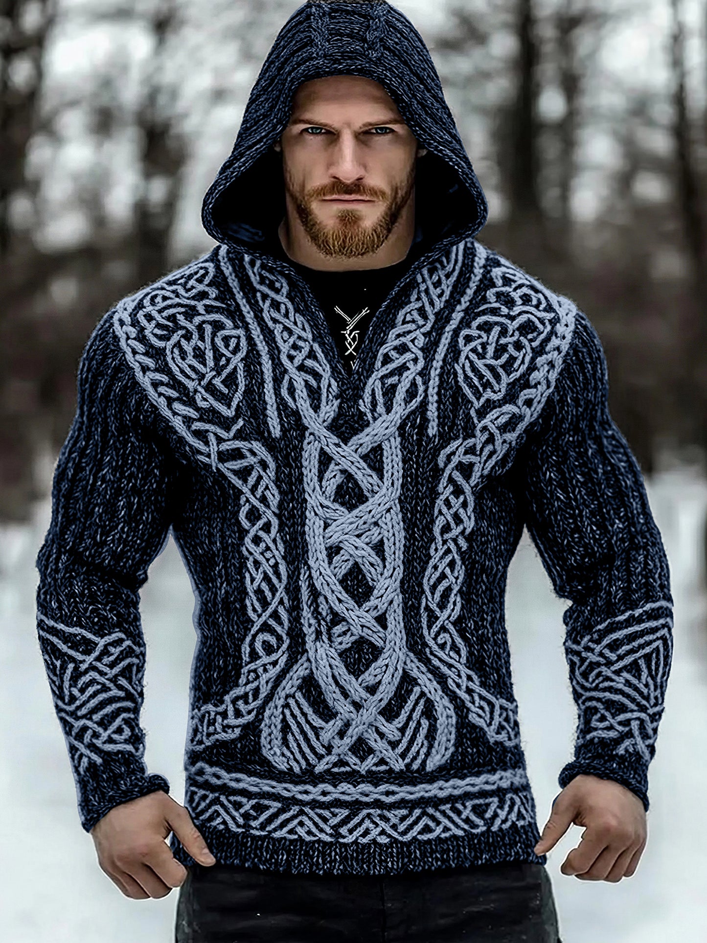 Men's Viking Tribal Jacquard Inspired Celtic Hooded Sweater artswardrobe