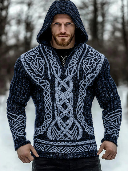 Men's Viking Tribal Jacquard Inspired Celtic Hooded Sweater elevenforest