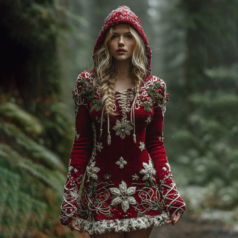 Women's Christmas Embroidered Snowflake Cos Elf Hooded Sweater artswardrobe