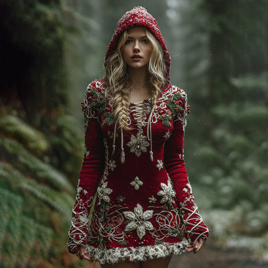 Women's Christmas Embroidered Snowflake Cos Elf Hooded Sweater artswardrobe