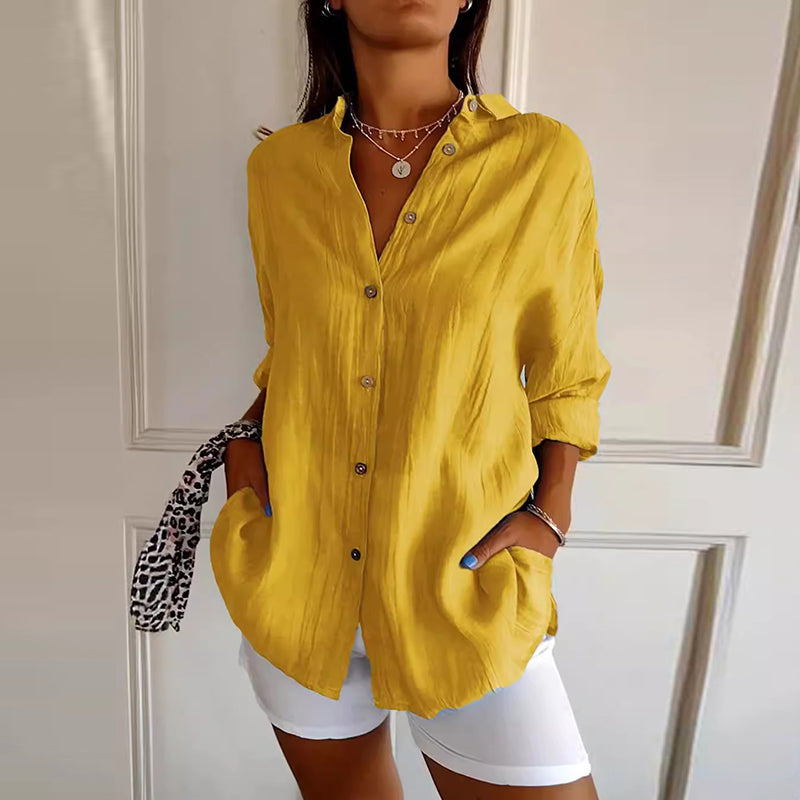 Comstylish Casual Single Breasted Pleated Lapel Solid Color Cotton Linen Shirt