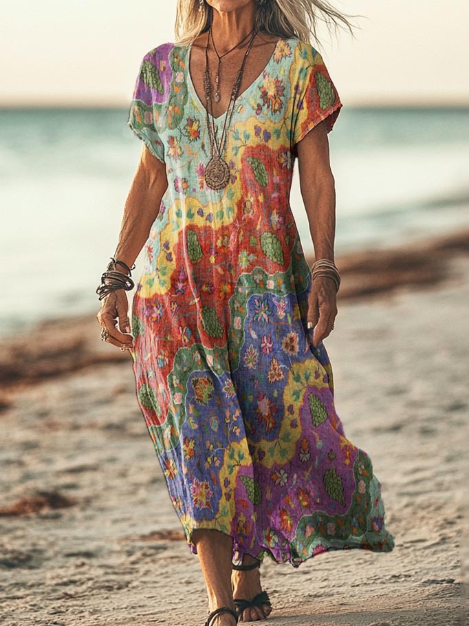 Women's Boho Floral Wave Collage Art Print Pocket Cotton Dress