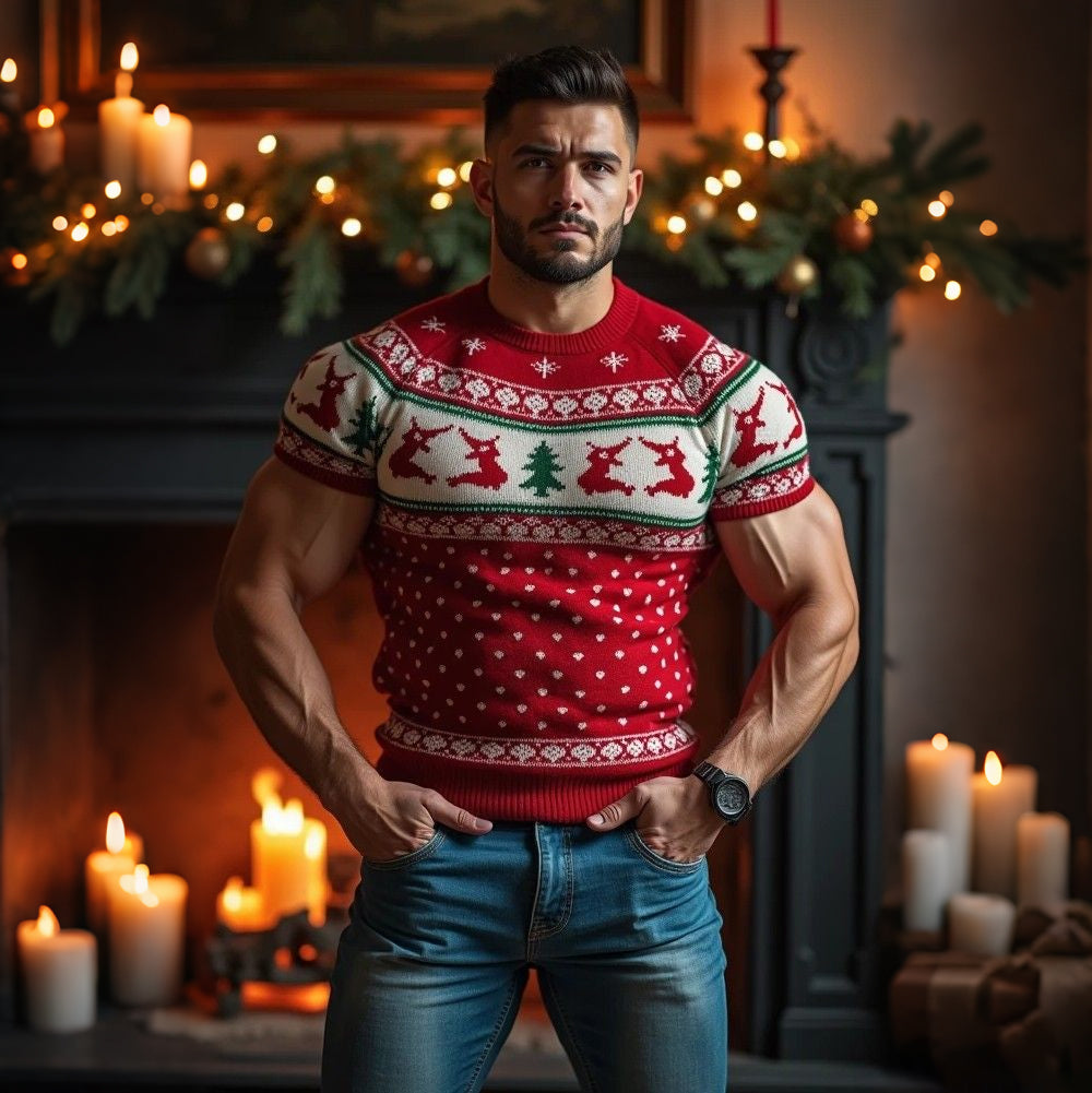 Comstylish Men's Vintage Christmas Jacquard Icelandic Art Cozy Knit Short Sleeve Sweater