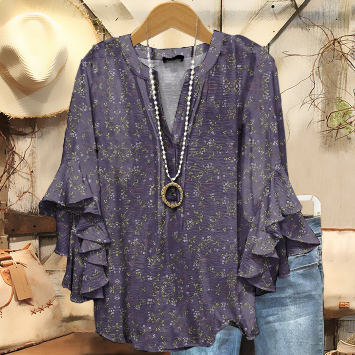 Women's Vintage Floral Art Print Casual Cotton And Linen Shirt