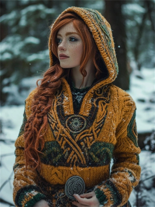 Forest Inspired Mystical Celtic Contrast Color Cozy Hooded Cardigan elevenforest