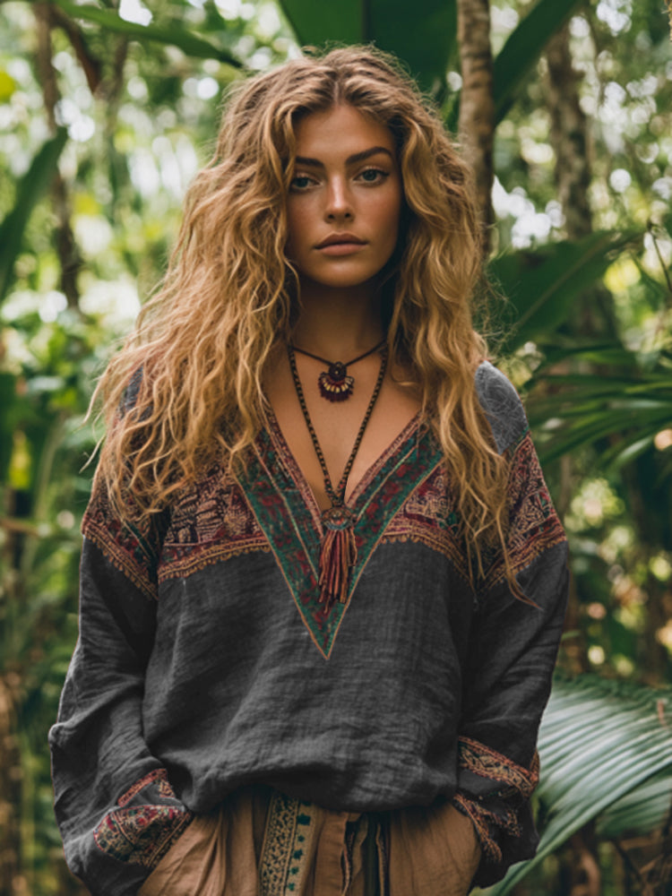 Retro Boho Tribal Embroidery Print Cotton And Linen Blend Loose Blouse artswardrobe