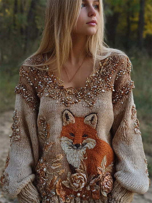 Fox Floral Glitter Embroidered V Neck Cozy Knit Sweater elevenforest