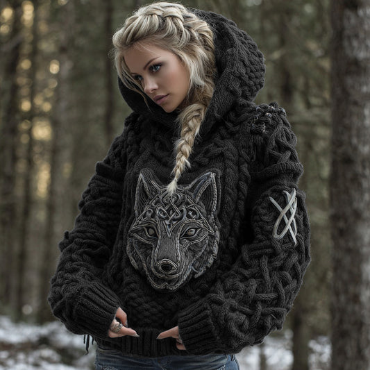 Women's Viking Celtic Wolf Knit Jacquard Warm Hooded Sweater artswardrobe