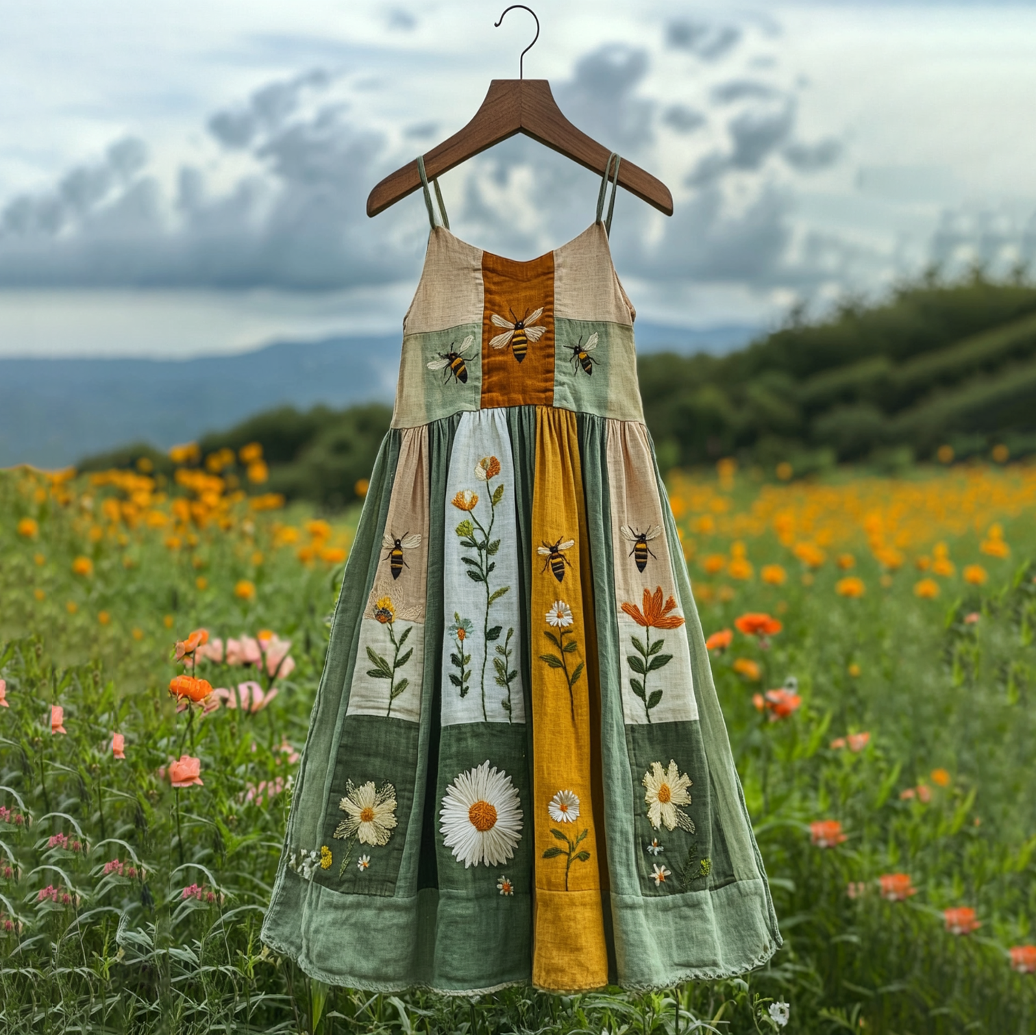 Bee Sunflower Floral Patchwork Print Midi Dress artswardrobe