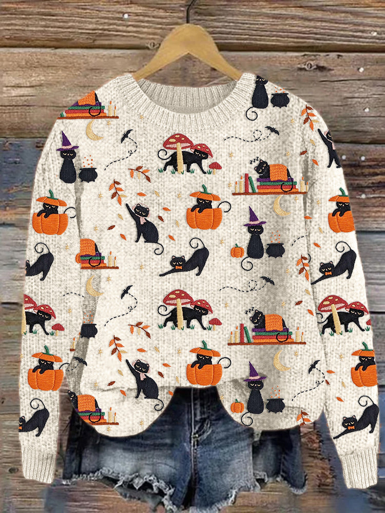Black Cat Pumpkin Embroidery Pattern Knit Sweater artswardrobe