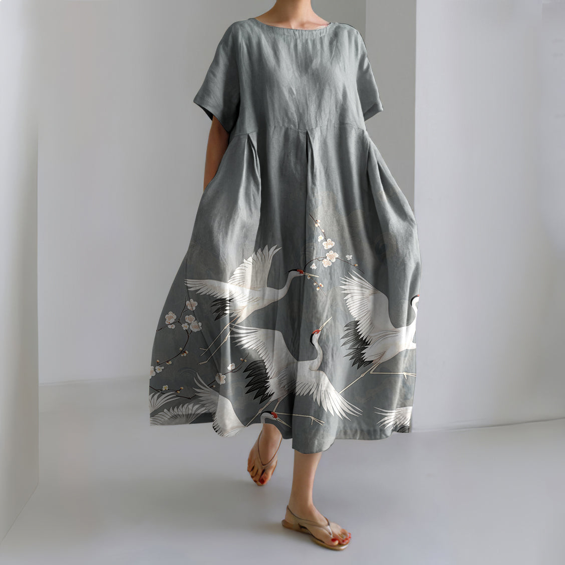 Comstylish Crane Print Crew Neck Short Sleeves Midi Dress