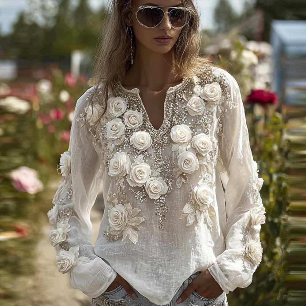 Comstylish Ladies' Embroidered Plant Romantic Flower Sequin White V-neck Casual Vintage Long-sleeved Top