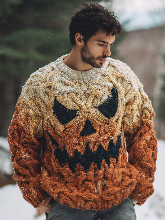 Halloween Evil Pumpkin Light Emoji Men's Chunky Knit Crew Neck Sweater elevenforest