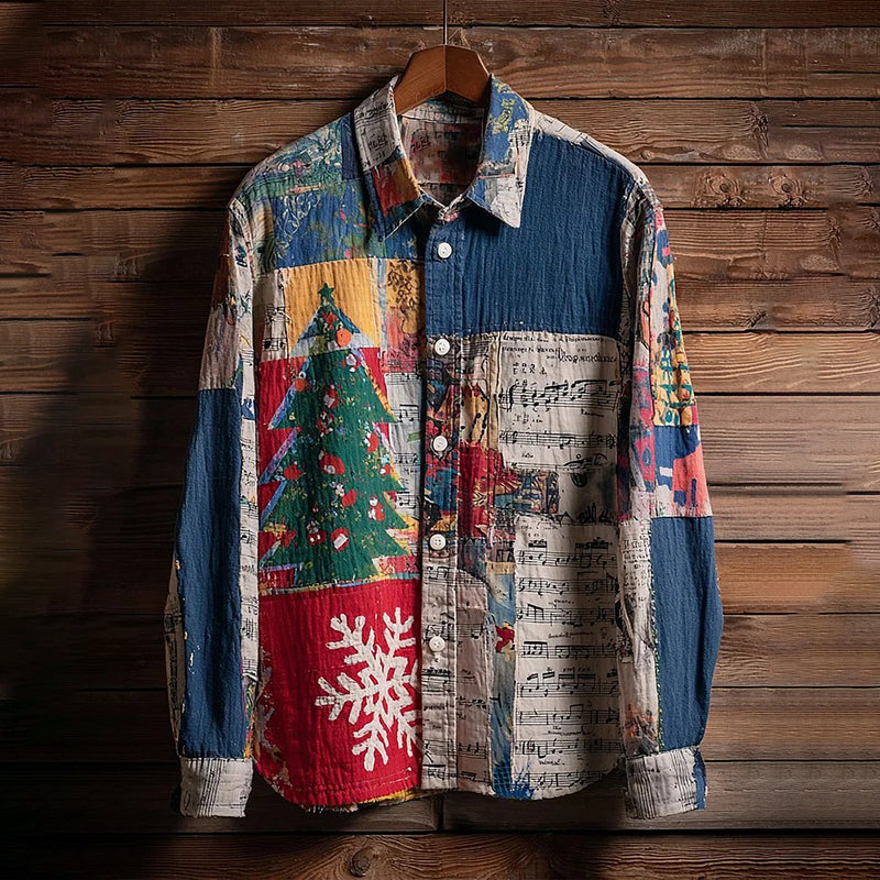 Vintage Men's Colorblock Retro Musical Christmas Tree Print Long Sleeve Shirt artswardrobe