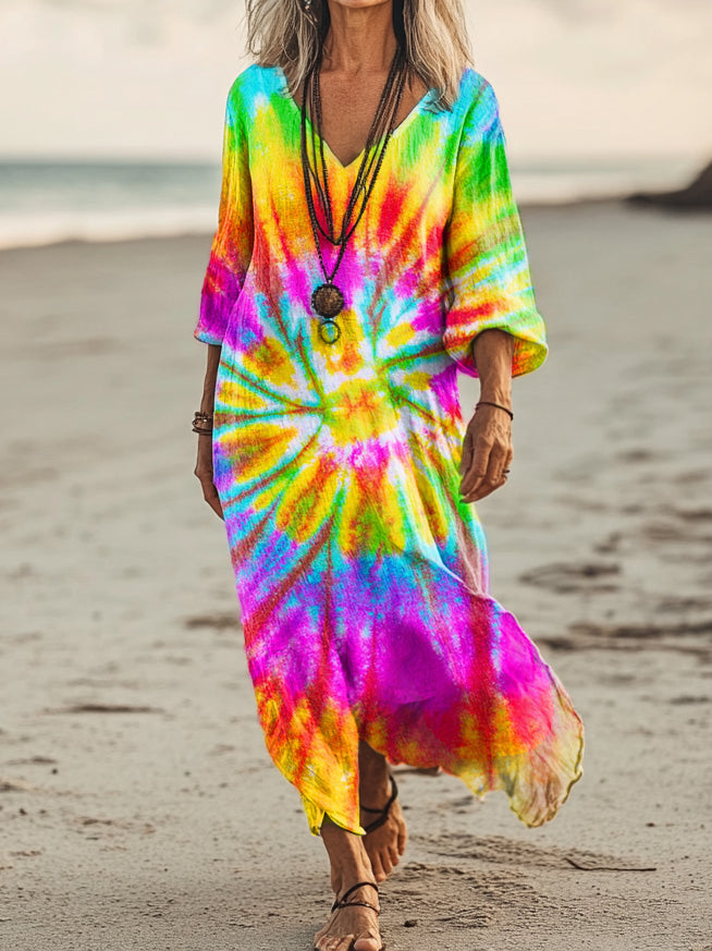 Women's Hippie Tie Dye Art Print Pocket Cotton Dress