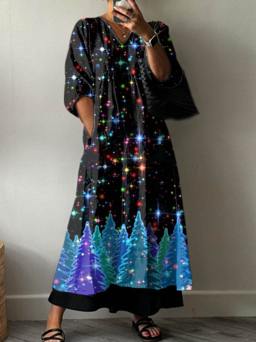 Women'S Vintage Christmas Tree Pattern Cotton Dress