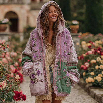 Comstylish Women's Vintage Floral Color Block Warm Zip Hoodie Cardigan