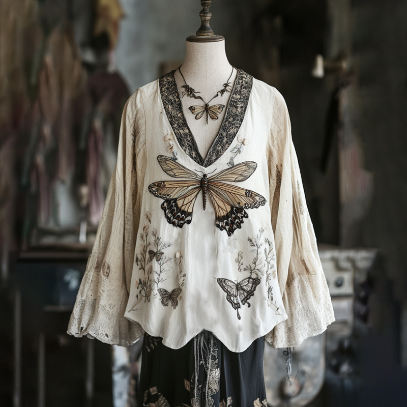 Women's Floral Dragonfly Embroidery Linen Art V-neck Shirt artswardrobe