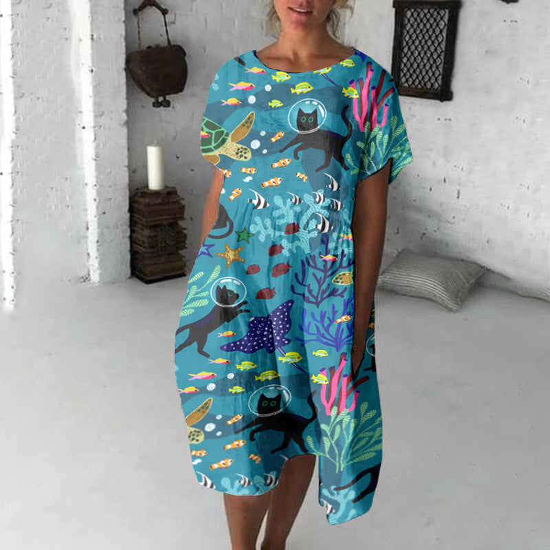 Cute Cat Underwater World Art Linen Blend Loose Casual Midi Dress