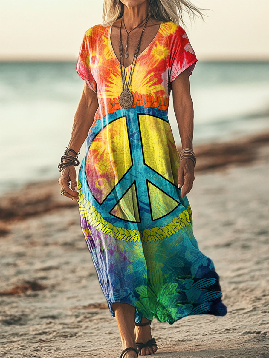 Women's Colorful Hippie Flower Art Short Sleeve Pocket Cotton Linen Dr