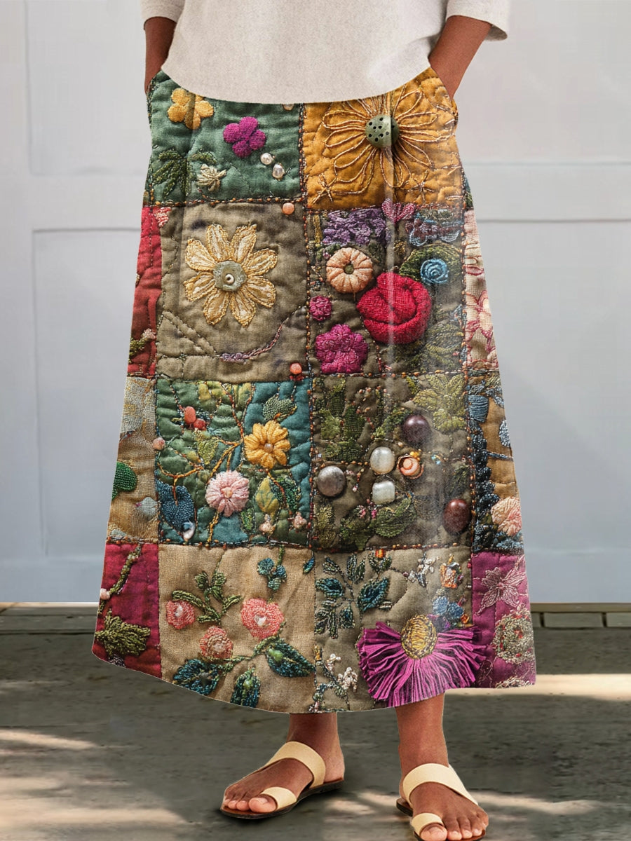 Women's Vintage Patchwork Floral Print Cotton and Linen Pocket Skirt