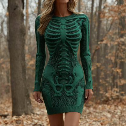 Women's Vintage Halloween Skeleton Bones Comfortable Elegant Sweater Dress artswardrobe