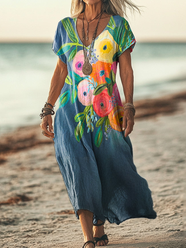 Women's Watercolor Floral Art Print Sleeveless V-Neck Pocket Cotton Dr