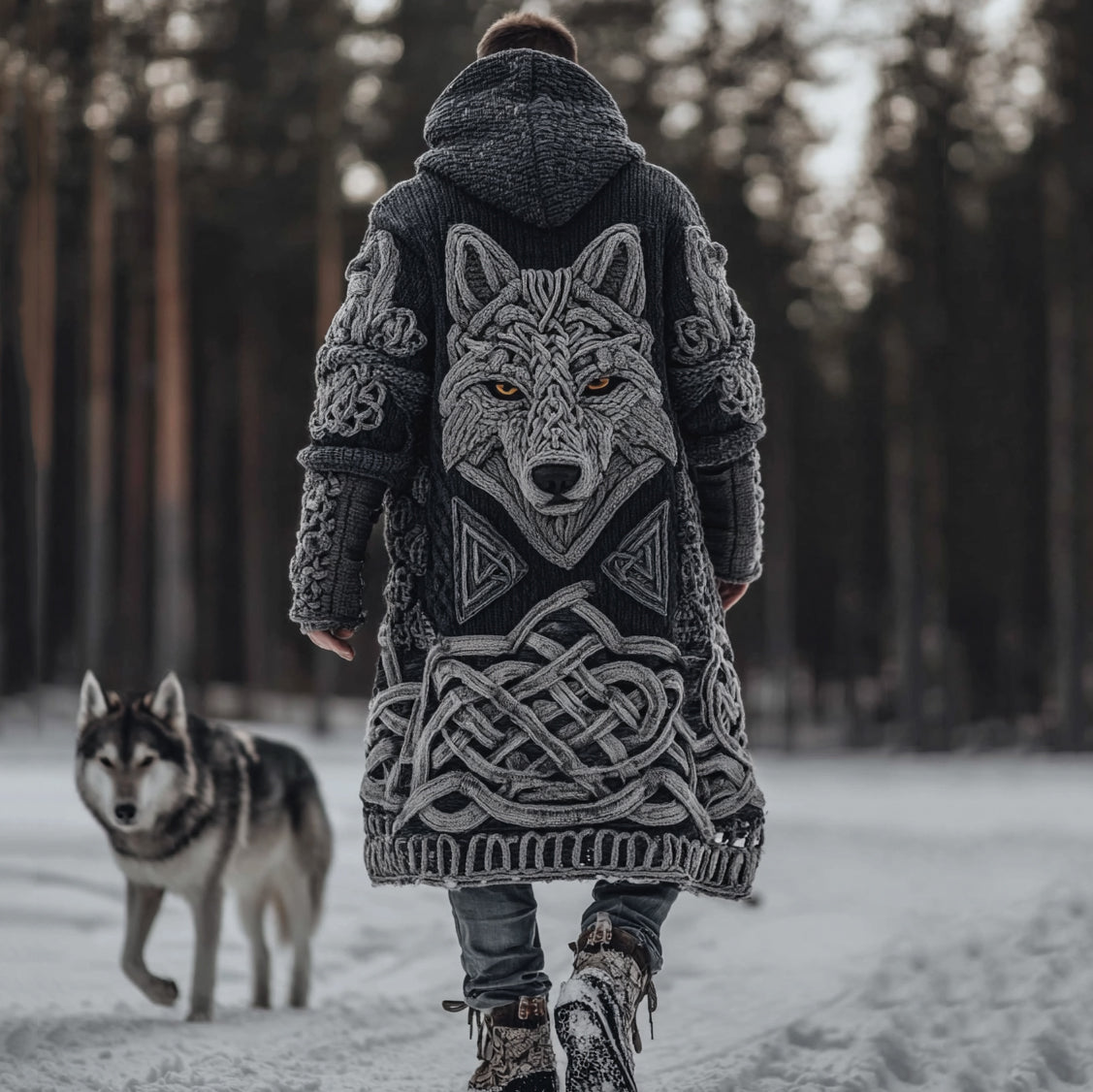 Men's Viking Style Celtic Knot Wolf Head Sweater Cardigan artswardrobe