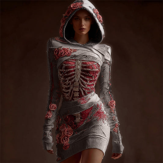 Comstylish Classy Skeleton Anatomy Bloody Roses Bandages Hooded Sweater Dress
