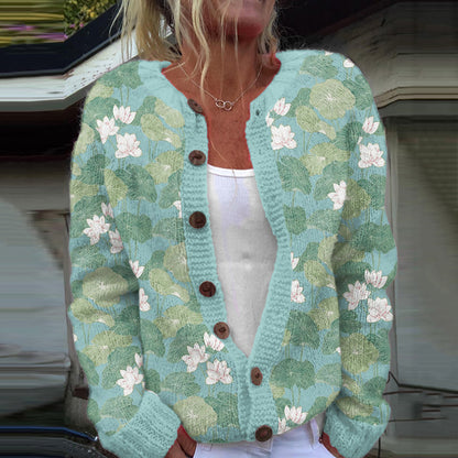 Vintage Water Lily Art Knitted Jacquard Sweater elevenforest