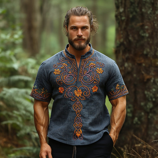 Men's Vintage Floral Embroidery Print Shirt artswardrobe