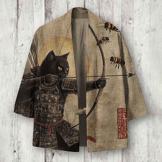 Men's Black Cat Tribal Warrior Japanese Kyudo Cardigan elevenforest