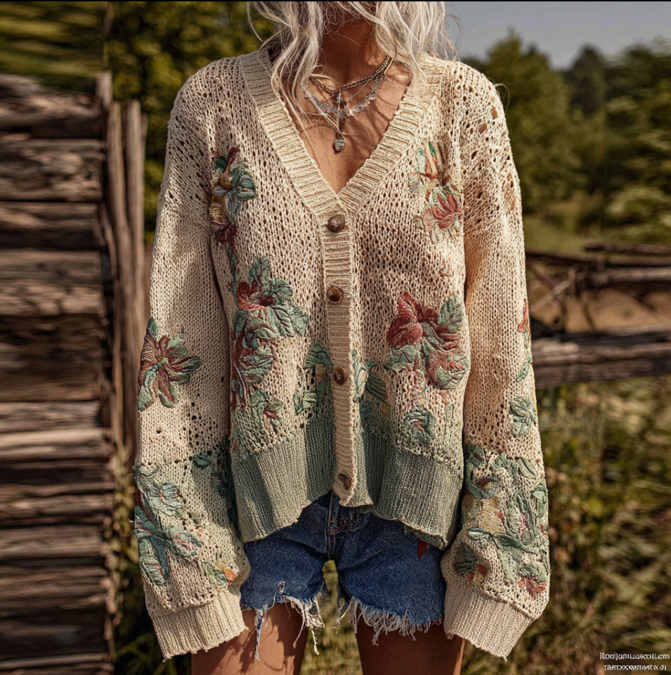 Bohemian Style Plant Flower Pattern Embroidery Women's Knitted Sweater Coat artswardrobe