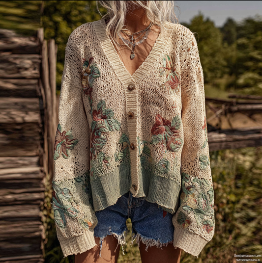 Bohemian Style Plant Flower Pattern Embroidery Women's Knitted Sweater Coat artswardrobe