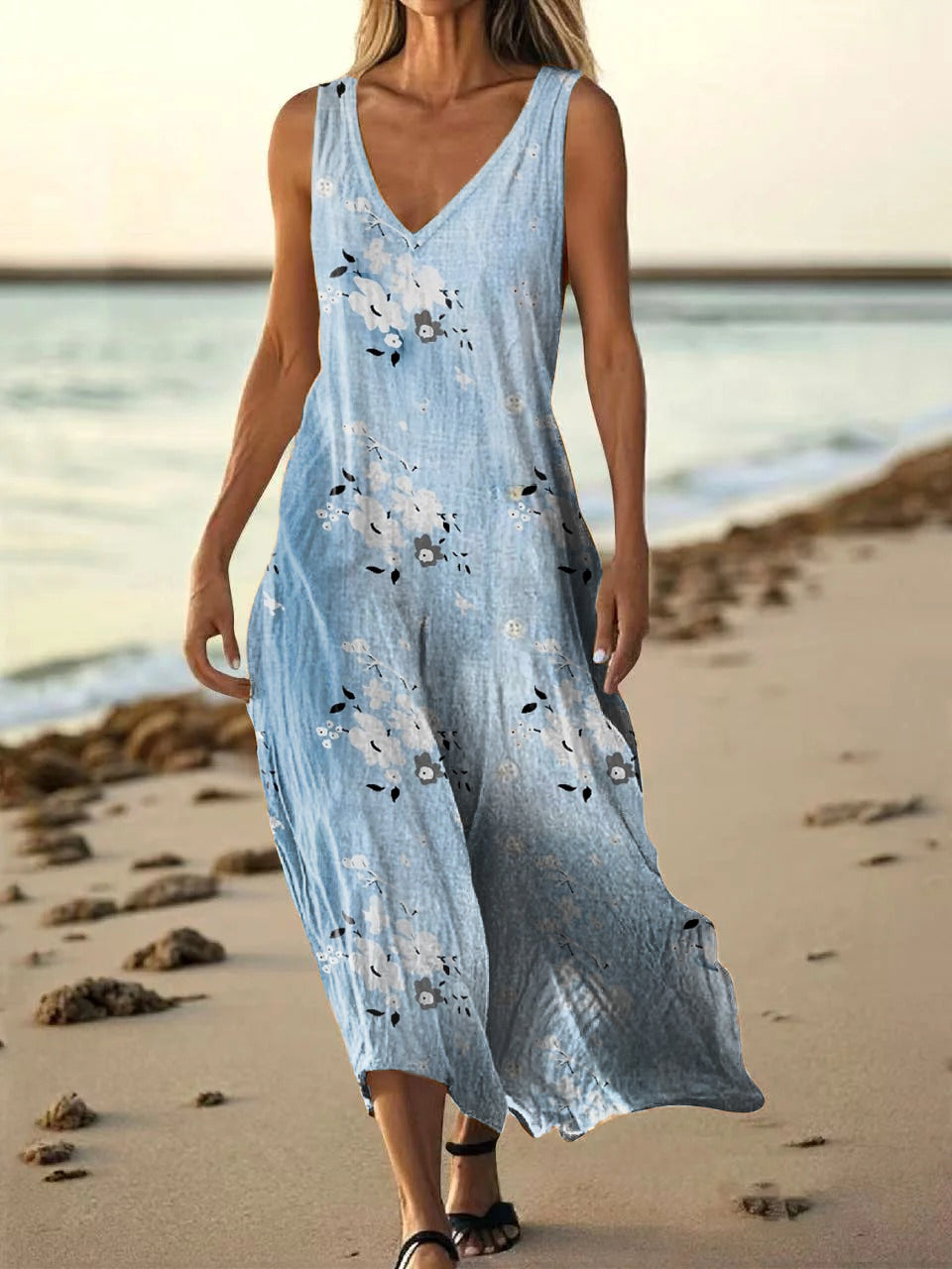 Women's Floral Art Print Pocket Cotton Dresses