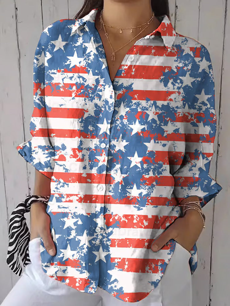 Comstylish Women's Independence Day Vintage Flag Print Casual Shirt